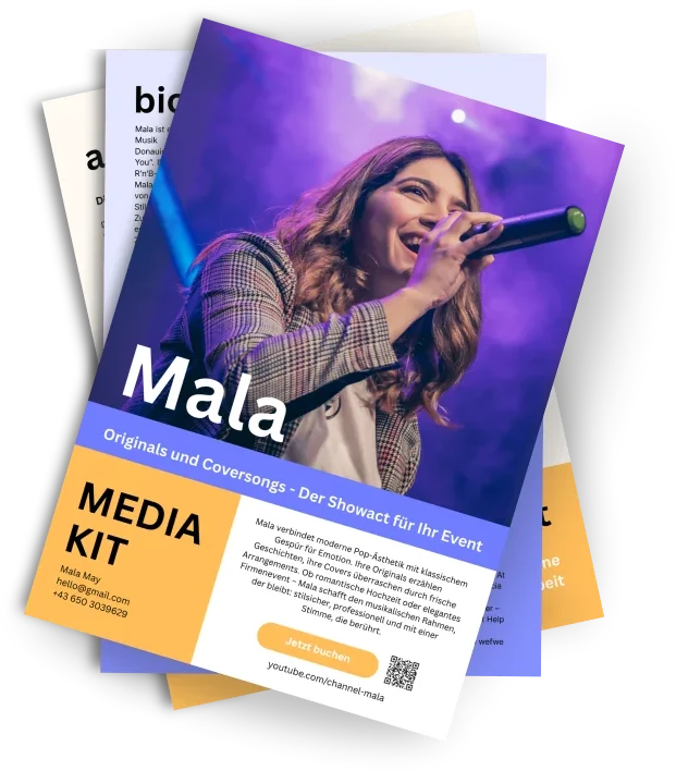 Aufgefächerte Mediakit-Seiten mit Deckblatt Mala, Bio, Repertoire und Angebot
